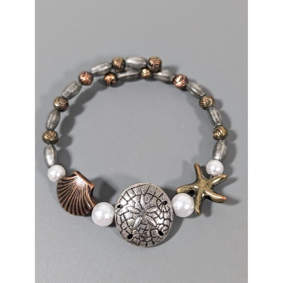Mixed Metal Beachy Bracelet Sand Dollar Starfish Shell Flex Wire 7" Boho - Picture 5 of 8